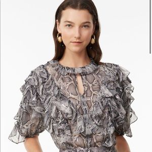 Rebecca Taylor Snake Print Clip Ruffle Silk Top 0